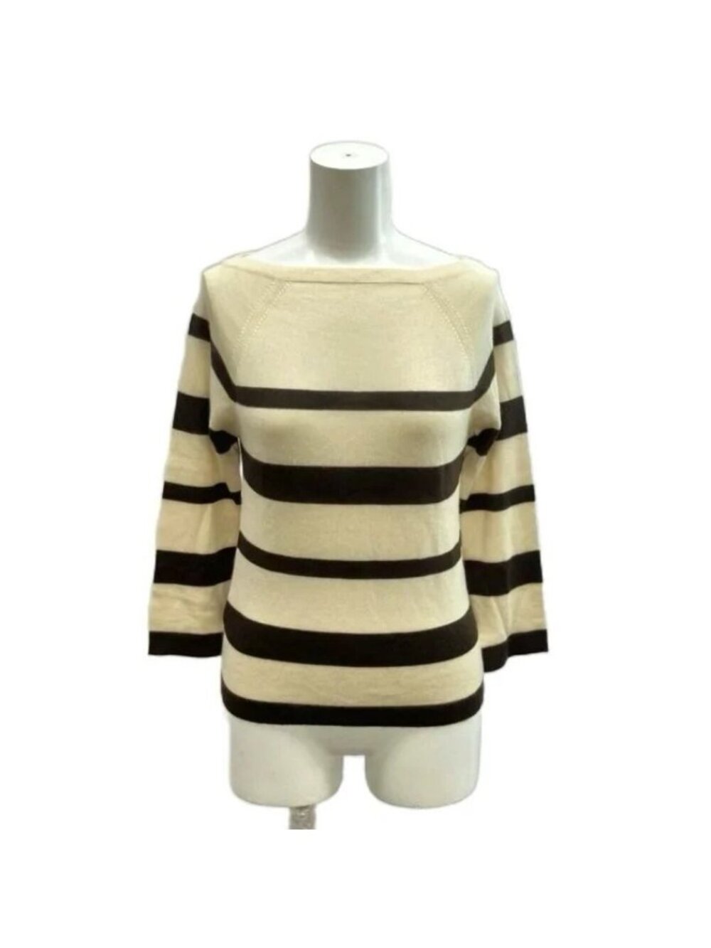 Prada Knit Sweater Border Pattern Boat Neck Three Quarter Sleeve Silk Ivory 38